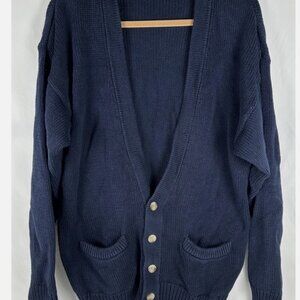 Vintage Eddie Bauer Navy Blue Grandpa Sweater Cardigan M Pockets Button Cotton
